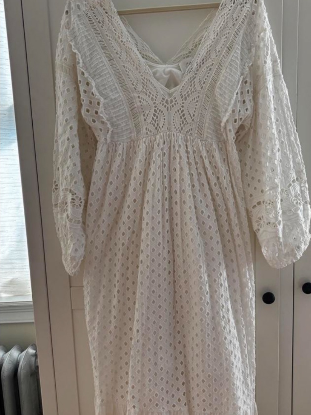 Bohemian Eyelet Lace Midi Dress in Cream.